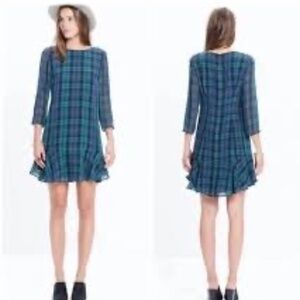 NEW Madewell Larkin Holiday Plaid Silk Long Sleeve Dress Blue Green 2